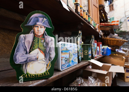 France, Corsica, Corte, Corsican products shop, box with illustration of Napoleon Bonaparte Stock Photo