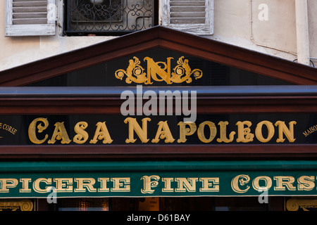 France, Corsica, Ajaccio, Casa Napoleon, gourmet foods shop, sign Stock Photo