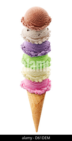 six scoops of ice cream on cone against white background Stock Photo