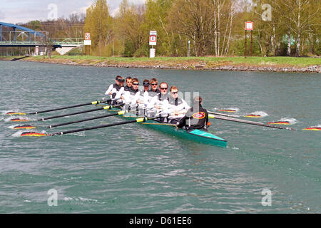 Germany's rowing men's eight with cox Martin Sauer (R-L), Kristof Wilke, Florian Mennigen, Lukas Mueller, Richard Schmidt, Eric Johannesen, Maximilian Reinelt, Filip Adamski and Andreas Kuffner is pictured during a training session at the Rowing Intensive Training Center in Dortmund, Germany, 19 April 2012. Germany's men's eight team for the upcoming Olympic Games was presented at  Stock Photo