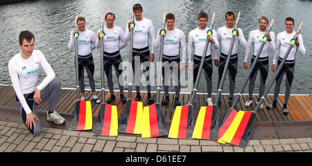 Germany's rowing men's eight with cox Martin Sauer (L-R), Kristof Wilke, Florian Mennigen, Lukas Mueller, Richard Schmidt, Eric Johannesen, Maximilian Reinelt, Filip Adamski and Andreas Kuffner pose at the Rowing Intensive Training Center in Dortmund, Germany, 19 April 2012. Germany's men's eight team for the upcoming Olympic Games was presented at a press conference in the morning Stock Photo