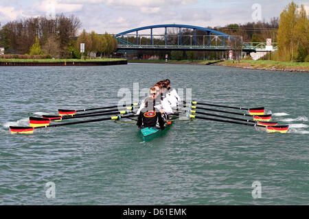 Germany's rowing men's eight with cox Martin Sauer (FRONT - BACK), Kristof Wilke, Florian Mennigen, Lukas Mueller, Richard Schmidt, Eric Johannesen, Maximilian Reinelt, Filip Adamski and Andreas Kuffner is pictured during a training session at the Rowing Intensive Training Center in Dortmund, Germany, 19 April 2012. Germany's men's eight team for the upcoming Olympic Games was pres Stock Photo