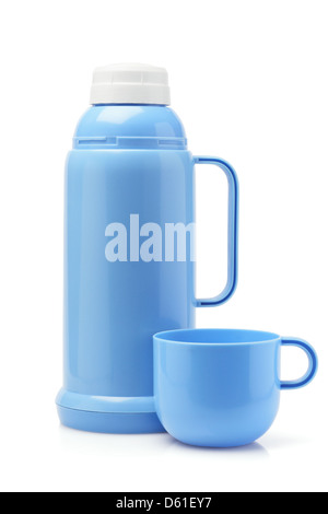 Blue Plastic Thermos Flask And Cup On White Background Stock Photo