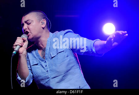 Irish singer song-writer  Sinéad O'Connor stands on stage as she performs during her concert at the Astra Kulturhaus venue in Berlin, Germany, 19 April 2012. O'Connor will continuer her tour with one more German concert in Munich. Photo: Britta Pedersen Stock Photo