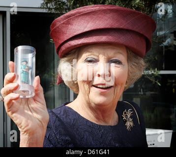 Queen Beatrix of The Netherlands opens the renewed miniature park Madurodam in The Hague, The Netherlands, 21 April 2012. She received a miniature of herself. Madorudam park has now interactive miniatures of Dutch buildings and cities. Photo: Patrick van Katwijk / NETHERLANDS OUT Stock Photo