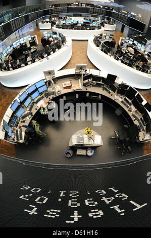 A low of 6.,499 points is displayed on the DAX board in the trading room of the stock exchage in Frankfurt am Main, Germany, 23 April 2012. Photo: Arne Dedert Stock Photo
