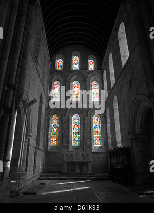 Selective colour on the stained glass windows at Brinkburn Priory, near Rothbury in Northumberland England UK Stock Photo