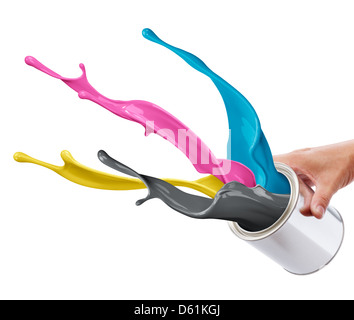 pouring paint consisting CMYK colors from its bucket creating splash Stock Photo