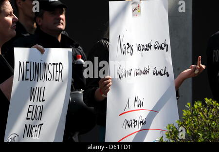 A counter demonstrator protests against a rally of the German far-right party NPD in Neumuenster, Germany, 01 May 2012. Parties, unions and associations called for a protest against the neo-Nazi march. Photo: CARSTEN REHDER Stock Photo