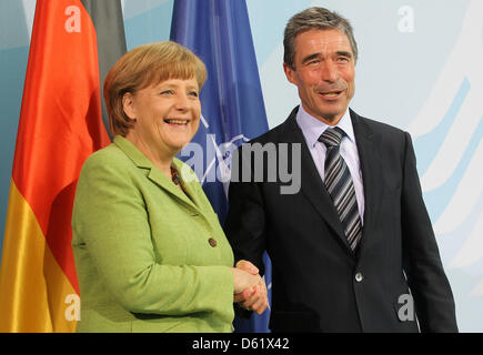 German Chancellor Angela Merkel receives NATO Secretary General Anders Fogh Rasmussen in Berlin, Germany, 04 May 2012. Photo: WOLFGANG KUMM Stock Photo