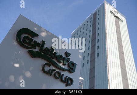 FILE - An archive picture dated 03 June 2011 shows the lettering 'Carlsberg Group' on a sign in front of the Carlsberg brewery in Copenhagen, Denmark. Danish brewery group Carlsberg recorded a collapse of profits at the beginning of the year because of the difficult beer market in Russia. Photo: MARCUS BRANDT Stock Photo