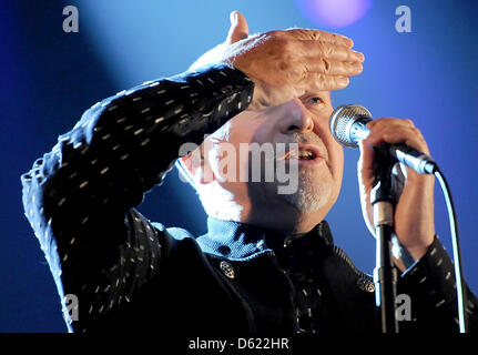 British singer Peter Gabriel performs live on stage with the 'New Blood Orchestra' at O2 World in Berlin, Germany, 09 May 2012. Photo: Britta Pedersen Stock Photo