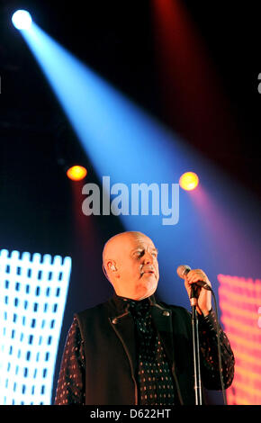 British singer Peter Gabriel performs live on stage with the 'New Blood Orchestra' at O2 World in Berlin, Germany, 09 May 2012. Photo: Britta Pedersen Stock Photo