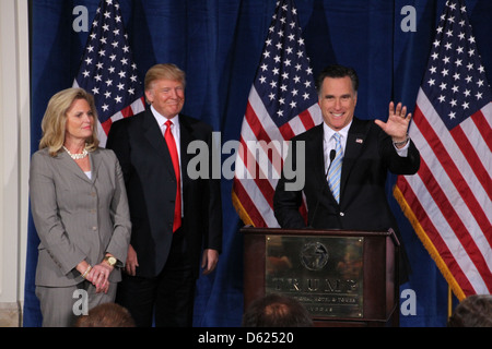 Ann Romney and Donald Trump stand on stage with Mitt Romney after being endorsed by Donald Trump as the Republican candidate at Stock Photo