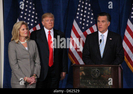 Ann Romney, Donald Trump stand on the stage as Mitt Romney speaks after being endorsed by Donald Trump as the Republican Stock Photo