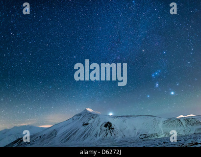 Starry night-Milky Way over snow covered landscape, Iceland Stock Photo