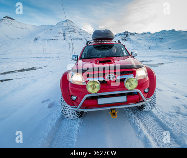 Off road driving on a snowy day in Western Iceland Stock Photo