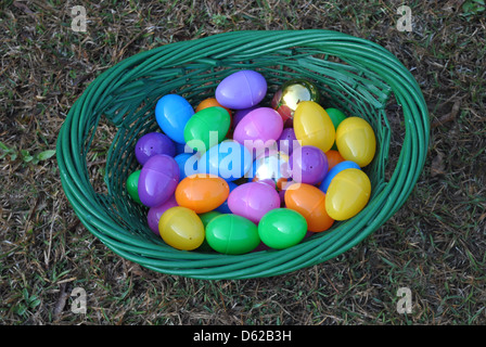 easter  eggs  in  green  baskt Stock Photo