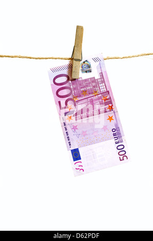 Five hundred euro note drying on a line Stock Photo