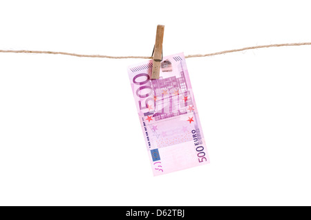 Five hundred euro note drying on a line Stock Photo