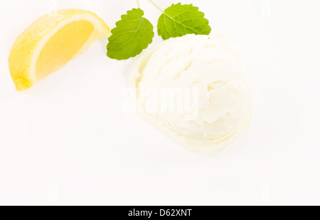 lemon slice with lemon flavor ice cream and melissa from top Stock Photo