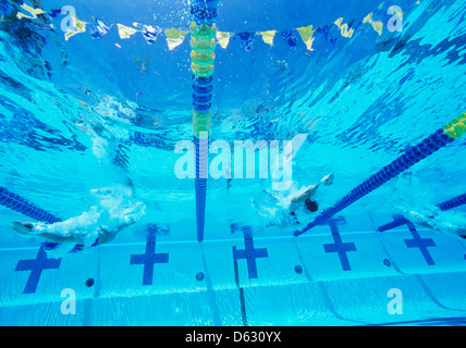 Underwater view of professional participants racing in pool Stock Photo