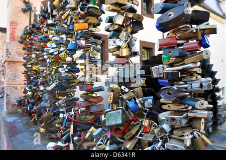 Love Locks in Prague -a symbol of love throughout Europe. Stock Photo