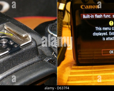 This image shows a Canon EOS 500D camera with an external flash attached, displaying an error message. The camera is a popular model used for photography, and external flashes are commonly used to enhance lighting in photoshoots. The error indicates a possible issue with the flash connection or settings. Stock Photo