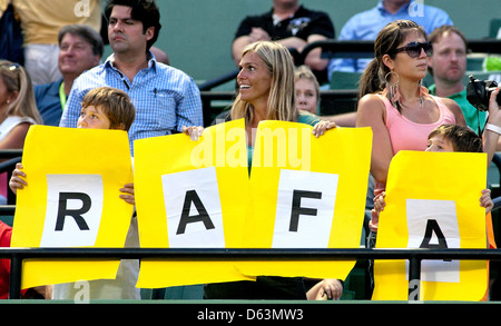 Fans of Rafael Nadal (ESP) show their support as he competes against Tomas Berdych (CZE) during the Sony Ericsson Open at Stock Photo