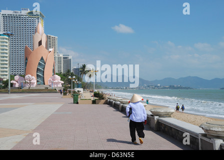 The waterfront at Nha Trang, Vietnam, with the Tram Huong Tower in the background . Stock Photo