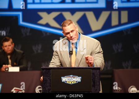 John Cena attends press conference with WWE superstars for 'WrestleMania XXVII' held Hard Rock Cafe New York City, USA - Stock Photo