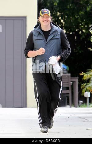 Brendan Fraser is all smiles as he leaves the house of his personal trainer after working out Los Angeles, California - Stock Photo