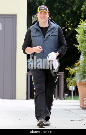 Brendan Fraser is all smiles as he leaves the house of his personal trainer after working out Los Angeles California Stock Photo