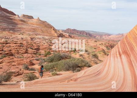 Young woman hiking along the unmarked trail - The Wave - near the Arizona and Utah border on the slopes of the Coyote Buttes Stock Photo