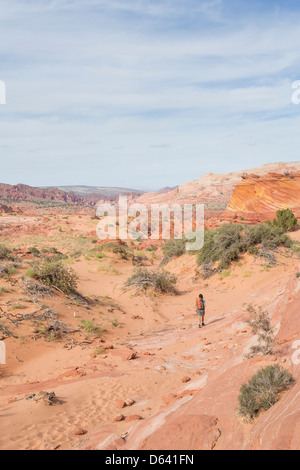Young woman hiking along the unmarked trail - The Wave - near the Arizona and Utah border on the slopes of the Coyote Buttes Stock Photo