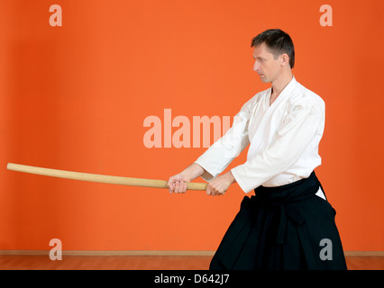 The man carries out exercises  aikido Stock Photo