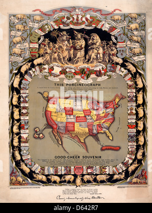 This porcineograph - Map of the United States in shape of a pig, surrounded by pigs representing the different states, with notations of state foods, circa 1876 Stock Photo