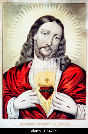 Sacred Heart of Jesus: Sacre ́Coeur de Jesus / Saǵrado Coŕazon de Jesus - hand colored lithograph, circa 1850 Stock Photo