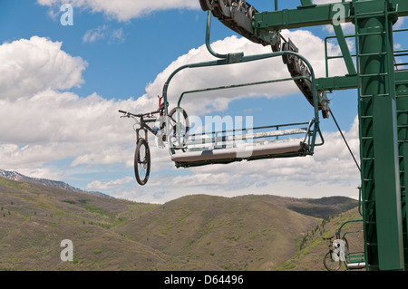 Utah, Sundance Resort, summer, mountain bikes loaded on chair lift Stock Photo