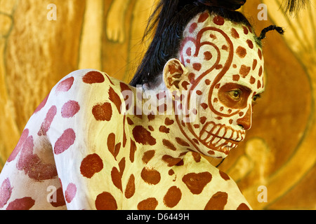 Mayan Dancer Representing Ah Puch, White Death. Xcaret, Riviera Maya, Yucatan, Mexico. Stock Photo