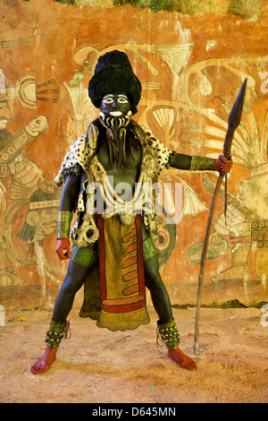 Mayan Dancer Representing Ek Chuah, God of Cacao. Xcaret, Riviera Maya, Yucatan, Mexico. Stock Photo