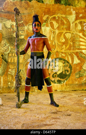 Mayan Dancer Representing a Rattle Snake or Coral Snake. Xcaret, Riviera Maya, Yucatan, Mexico. Stock Photo