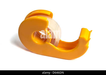 Yellow tape dispenser isolated on white background Stock Photo