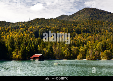 fisherman on boat, Walchensee in Bavaria Stock Photo