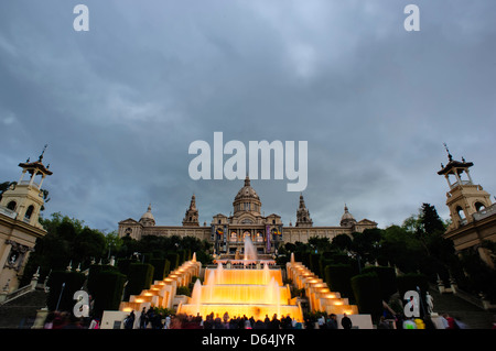 Magic Fountain and National Palace of Catalunya in Montjuic, Barcelona, Spain. Stock Photo