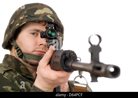 Armed soldier keeping svd Stock Photo