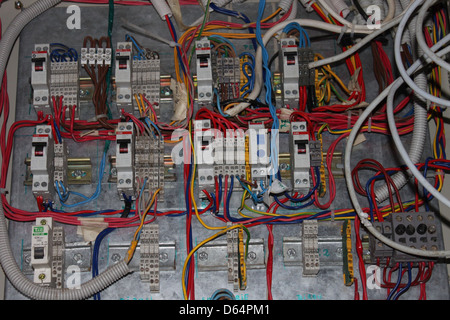 An electrical panel featuring automatic fuses and DIN rail mounts. It is designed for managing electrical circuits, ensuring safety and protection against overloads and short circuits. Stock Photo