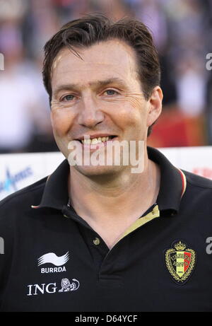 (FILE) An archive photo dated 25 May 2012 shows Belgium's head coach Marc Wilmots smiling before the match between Montenegro in Brussels, Belgium. The previouis German Bundesliga player and coach with FC Schalke 04 will remain head coach of the Belgium national soccer team after receiving a two year contract, according to the Royal Belgian Football Association (KBFV) on Wednesday, Stock Photo