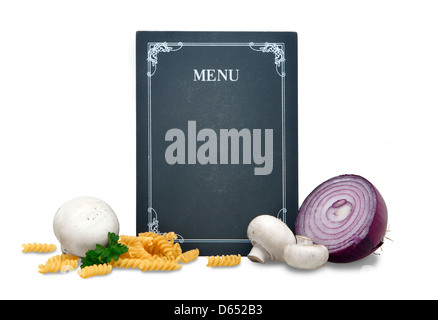 a black used blackboard with the text menu on a white mask background, noodles and mushrooms Stock Photo