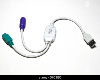 A USB to PS2 converter cable, used to connect older PS2 devices such as keyboards and mice to modern computers with USB ports. This accessory helps bridge compatibility gaps between newer and legacy technology. Stock Photo